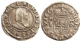 Philip IV, 16 Maravedis, 1664 Madrid-Y, Choice VF, well struck, nice medium brown surfaces. (Same var., GVF, brought $74, Ibercoin 11/21.)