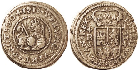 Philip V, 2 Maravedi, 1718, Barcelona, Lion hldg 2 scepters/crowned arms, VF+, s...