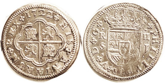 Philip V, 2 Reales 1722 Seville-J, EF+, some very sl imperfections, excellent lu...