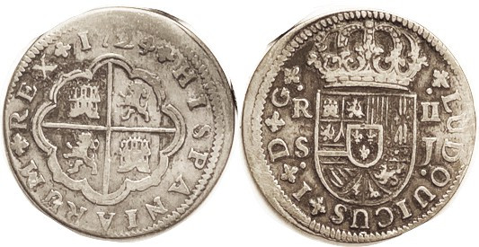 Luis I, 2 Reales, 1724 Seville-J, AVF/F, minimally off-ctr, good metal with lt t...