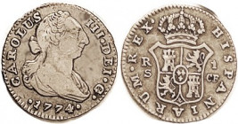 Charles III, Real, 1774 Seville-CF, Choice VF, excellent metal & detail, lt tone. (A VF/VF+ with golpecito brought $72, Aureo & Calico 10/14.)