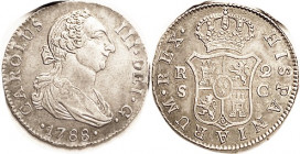 Charles III, 2 Reales, 1788 Seville-C, Choice EF-AU, good metal with lt tone & much flash of luster; portrait with bold detail. Bought 1984; amazing I...