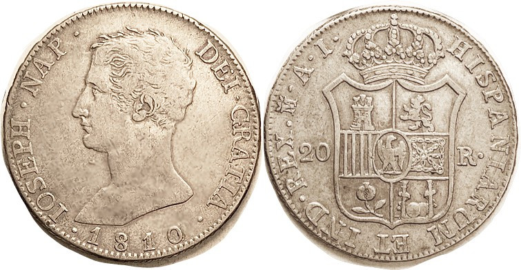 Joseph Napoleon, 20 Reales 1810 Madrid-AI, Nice VF, good metal with mellow tone,...