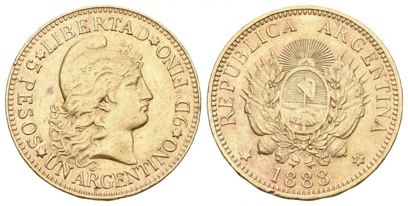 ARGENTINIEN. Republik seit 1816. 5 Pesos (1 Argentino) 1888. Friedb. 14, KM 31 8...