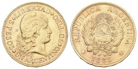 ARGENTINIEN. Republik seit 1816. 5 Pesos (1 Argentino) 1888. Friedb. 14, KM 31 8.06g Gold vorzüglich bis unzirkuliert