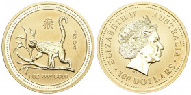 AUSTRALIEN Elisabeth II. seit 1952 100 Dollars (= 1 Unze fein) 2004 (31,13 g), Jahr des Affen KM:672, Fr:L62 Gold FDC