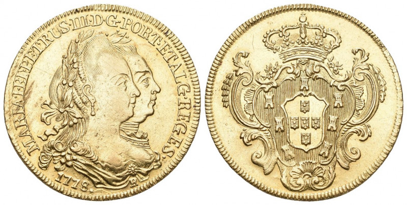 BRASILIEN. Maria I. und Pedro III., 1777-1786. 6.400 Reis 1779 R=Rio. 14,24 g. F...