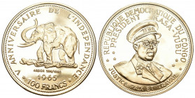 KONGO Republik Kongo (Zaire), 1960-1971. 100 Francs 1965. 5 Jahre Unabhängigkeit - Afrikanischer Elefant. 29,03 g Feingold. Fb. 1.
Nur 3.000 Exemplar...