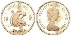 HONG KONG. Elizabeth II, 1952-1997 1.000 Dollars 1980. Jahr des Affen. 14,65 g Feingold. Fb. 6. Proof