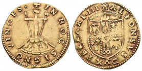 ITALIEN. Ferrara. Alfonso I. d'Este, 1505-1534.
Scudo d'oro o. J. 3.39 g. MIR 269. Fr. 269. Gut ausgeprägtes Exemplar vorzüglich +