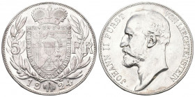 LIECHTENSTEIN. Johann II. 1858-1929. 5 Franken 1924, Bern. 25.04 g. Divo 104. HMZ 2-1379a. Fast FDC