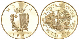 Malta 25 Liri/55 ECU 1993 430. Jahrestag der Verteidigung Europas. 6,74g. KM 105 Proof