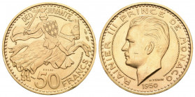 MONACO. Rainier III. 1949-2005. 50 Francs 1950, Paris. Piéfort Probe (Essai) in Gold. 41.00 g. Gadoury MC141. Fr. 26. Selten. Nur 325 Exemplare gepräg...