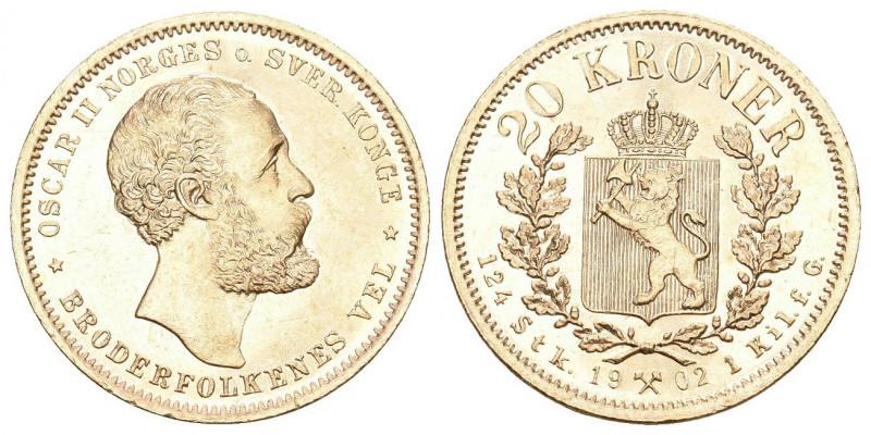 NORWEGEN. KÖNIGREICH. Oskar II., 1872-1905. 20 Kronen 1902, Kongsberg. 8,06 g Fe...