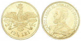 RUMÄNIEN. KÖNIGREICH. Karl I., 1866-1914. 12 1/2 Lei 1906, Brüssel, auf sein 40jähriges Regierungsjubiläum. 4g g Feingold. Fb. 8, Schäffer/ Stambuliu ...