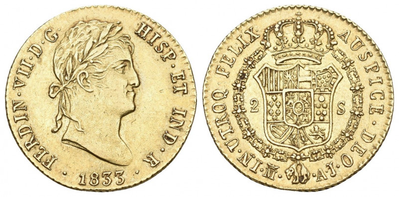 SPANIEN. KÖNIGREICH. Fernando VII., 1808-1814-1833 2 Escudos 1833 M-AJ, Madrid. ...