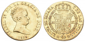 SPANIEN. KÖNIGREICH. Isabella II., 1833-1868. 80 Reales 1835 M-CR, Madrid. 5,91 g Feingold. Calicó 68, Fb. 325, Schl. 176.
Kl. Prägeschwäche, vorzügl...