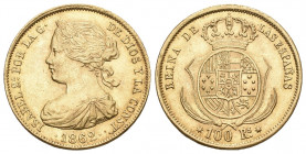 SPAIN KÖNIGREICH Isabella II., 1833-1868. 100 Reales 1862, Madrid. 7,54 g Feingold. Calicó 789, Fb. 331, Schl. 240. bis unzirkuliert