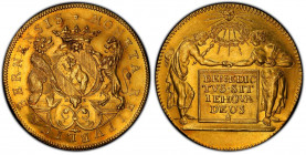 Schweiz / Switzerland / Suisse Bern 4 Dukaten o.J. (1710) D-B MONETA REIPVBLICÆ BERNENSIS. Bär links und Löwe rechts halten eine Kartusche mit dem Ber...