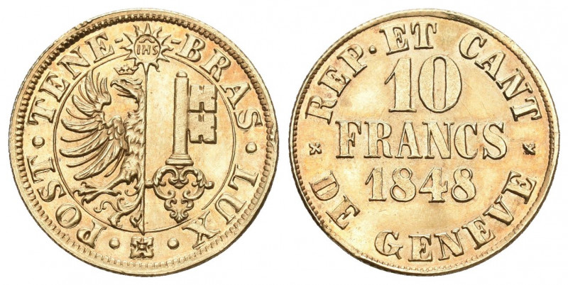 Schweiz / Switzerland / Suisse Genf/Genève. Stadt und Kanton.
10 Francs 1848, Ge...