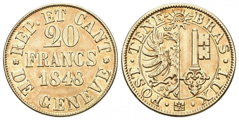 Schweiz / Switzerland / Suisse Genf / Genève Kanton 20 Francs 1848. 7.60 g. D.T....