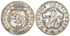 Schweiz / Switzerland / Suisse Bern
10 Kreuzer 1755. 2.17 g. D.T.521a. HMZ 2-222e. Prachtvolle Erhaltung. FDC