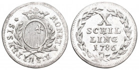 Schweiz / Switzerland / Suisse Schwyz.
10 Schilling 1786, Schwyz. (Viertelgulden). Rv. mit Mzz. S ganz oben. 2.68 g. Wielandt (Schwyz) 104. D.T. 583....