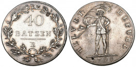 Schweiz / Switzerland / Suisse Helvetische Republik.
40 Batzen 1798 BA, Basel. Stehender Krieger mit dem Kopf nach rechts. Das Ende der Fahnenstange b...