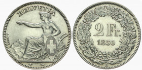 Schweiz / Switzerland / Suisse 2 Franken 1850 A, Paris. HMZ 2-1201a. Prachtexemplar FDC UNC Detail Clened