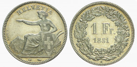 Schweiz / Switzerland / Suisse Eidgenossenschaft. 1 Franken 1851 A, Paris. 5.00 g. Divo 13. HMZ 2-1203b. Fast FDC PCGS MS 64