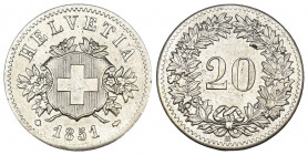 Schweiz / Switzerland / Suisse Eidgenossenschaft.
20 Rappen 1851 BB, Strassburg. 3.28 g. Divo 15. HMZ 2-1207b. Prachtvolle Erhaltung / Magnificent con...