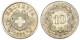 Schweiz / Switzerland / Suisse Eidgenossenschaft
10 Rappen 1851. 2.44 g. Divo 16. HMZ 2-1209b. Seltenerer Jahrgang bis unzirkuliert
