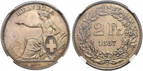 Schweiz / Switzerland / Suisse Eidgenossenschaft.
2 Franken 1857 B, Bern. 9.94 g. Divo 23. HMZ 2-1201b. Äusserst selten. Nur 622 Exemplare geprägt / ...
