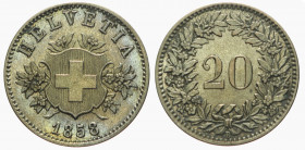 Schweiz / Switzerland / Suisse Eidgenossenschaft. 20 Rappen 1858 B, Bern. Divo 26. HMZ 2-1207c Prachtexemplar Prooflike FDC PCGS MS 63