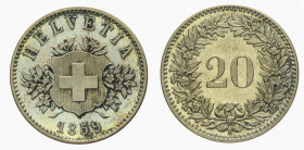 Schweiz / Switzerland / Suisse Eidgenossenschaft. 20 Rappen 1859 B, Bern. 3.15 g. Divo 27. HMZ 2-1207d. Prachtvolle Erhaltung / Magnificent condition....