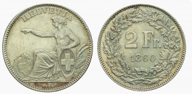 Schweiz / Switzerland / Suisse . Eidgenossenschaft.
2 Franken 1860 B, Bern. Divo 28. HMZ 2-1201c. Äusserst seltene Erhaltung / Extremely rare conditi...