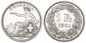 Schweiz / Switzerland / Suisse Eidgenossenschaft.
1 Franken 1860 B, Bern. HMZ 2-1203d. Äusserst seltene Erhaltung vorzüglich bis unzirkuliert