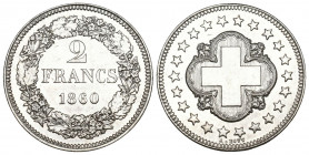 Schweiz / Switzerland / Suisse Eidgenossenschaft. Proben.
2 Franken 1860, Bern. 10.00 g. Richter (Proben) 2-60. HMZ 2-1231a. Fast unzirkuliert gerein...