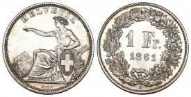 Schweiz / Switzerland / Suisse Eidgenossenschaft. 1 Franken 1861 B, Bern. 4.98 g. Divo 30. HMZ 2-1203e. Äusserst seltene Erhaltung fast FDC