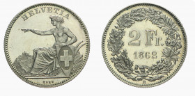 Schweiz / Switzerland / Suisse Eidgenossenschaft
2 Franken 1862. 9,99 g. Divo 31. HMZ 2-1201d. Erstabschlag. Spiegelglänzende Felder Prooflike FDC PC...