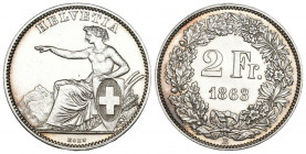 Schweiz / Switzerland / Suisse Eidgenossenschaft.
2 Franken 1863 B, Bern. HMZ 2-1201e. Prachtexemplar / Cabinet piece. FDC