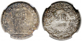 Schweiz / Switzerland / Suisse Eidgenossenschaft
½ Franken 1878. 2,51 g. Divo 65. HMZ 2-1206c. Sehr seltene Erhaltung MS 62 NGC fast unzirkuliert