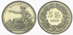 Schweiz / Switzerland / Suisse Eidgenossenschaft.
5 Franken 1873 B, Bern. 24.98 g. Divo 43. HMZ 2-1197c. Selten / Rare Prachtexemplar PCGS UNC Detail...