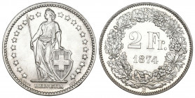 Schweiz / Switzerland / Suisse Eidgenossenschaft.
2 Franken 1874 B, Bern. 10.00 g. Divo 48. HMZ 2-1202a. Sehr selten in dieser Erhaltung / Very rare ...