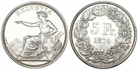 Schweiz / Switzerland / Suisse Eidgenossenschaft.
5 Franken 1874 B ohne Punkt 27.96 g. Divo 47. HMZ 2-1197d fast unzirkuliert
