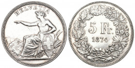 Schweiz / Switzerland / Suisse Eidgenossenschaft.
5 Franken 1874 B, Bern. 24.95 g. Divo 46. HMZ 2-1197d. orzüglich bis unzirkuliert berieben