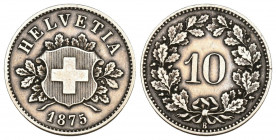 Schweiz / Switzerland / Suisse Eidgenossenschaft.
10 Rappen 1875 B, Bern. 2.51 g. Divo 53. HMZ 2-1209e vorzüglich