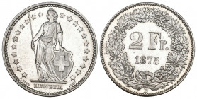 Schweiz / Switzerland / Suisse Eidgenossenschaft. 2 Franken 1875 B, Bern. 9.97 g. Divo 50. HMZ 2-1202b. Sehr selten in dieser Erhaltung / Very rare in...