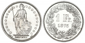 Schweiz / Switzerland / Suisse Eidgenossenschaft. 1 Franken 1875 B, Bern. Divo 51. HMZ 2-1204a. Äusserst seltene Erhaltung fast FDC