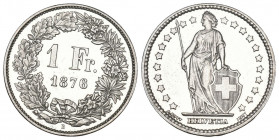 Schweiz / Switzerland / Suisse Eidgenossenschaft. 1 Franken 1876 B, Bern. Divo 56. HMZ 2-1204b. Äusserst seltene Erhaltung fast FDC minimal gereinigt